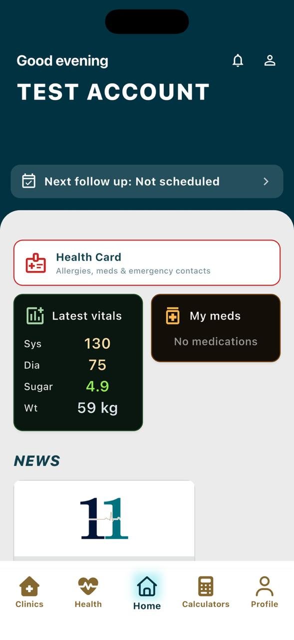 Home dashboard with latest vitals and health card